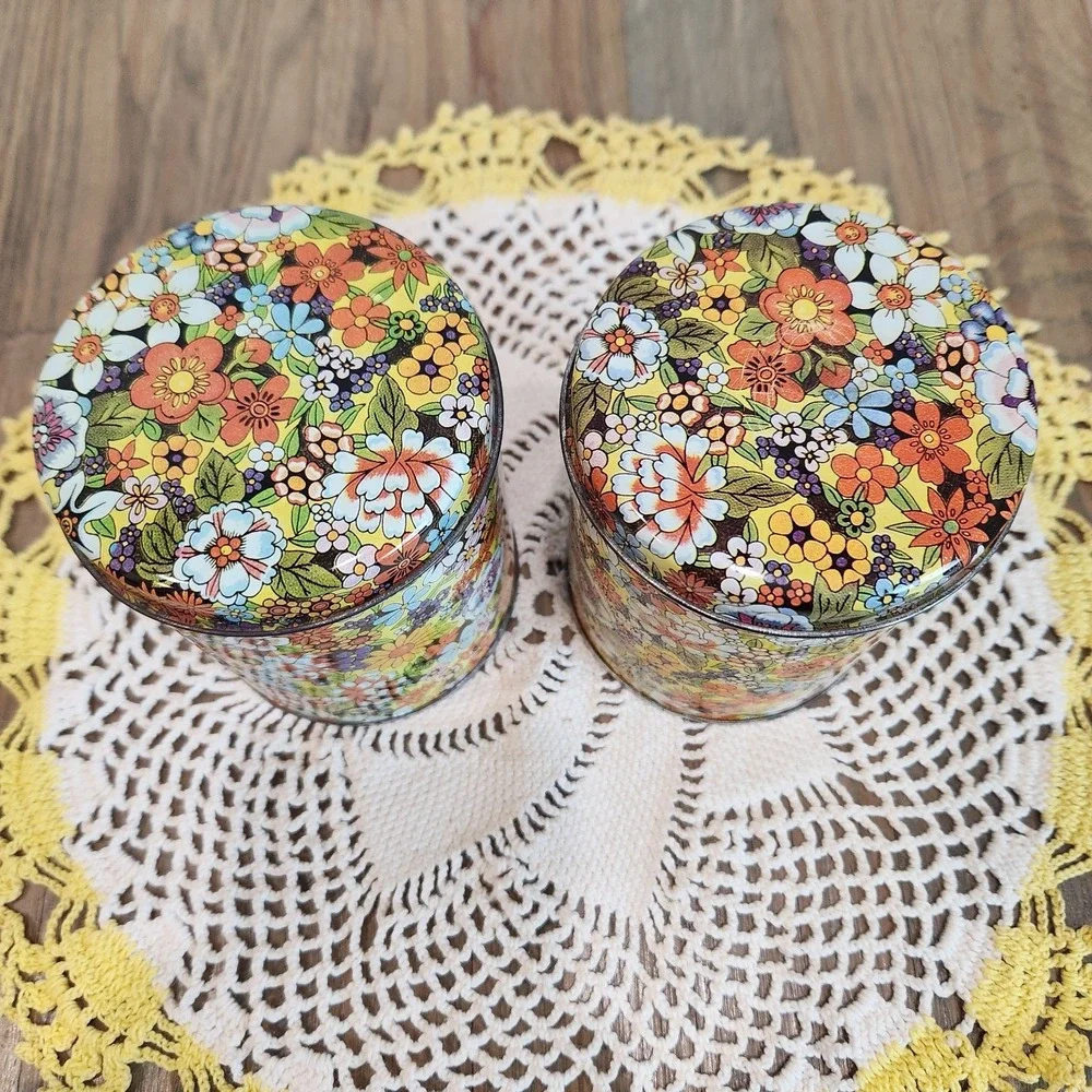 Vintage 70s Set Of 2 Floral Canister Hippie Retro Tins MCM Flower Power 4.5in